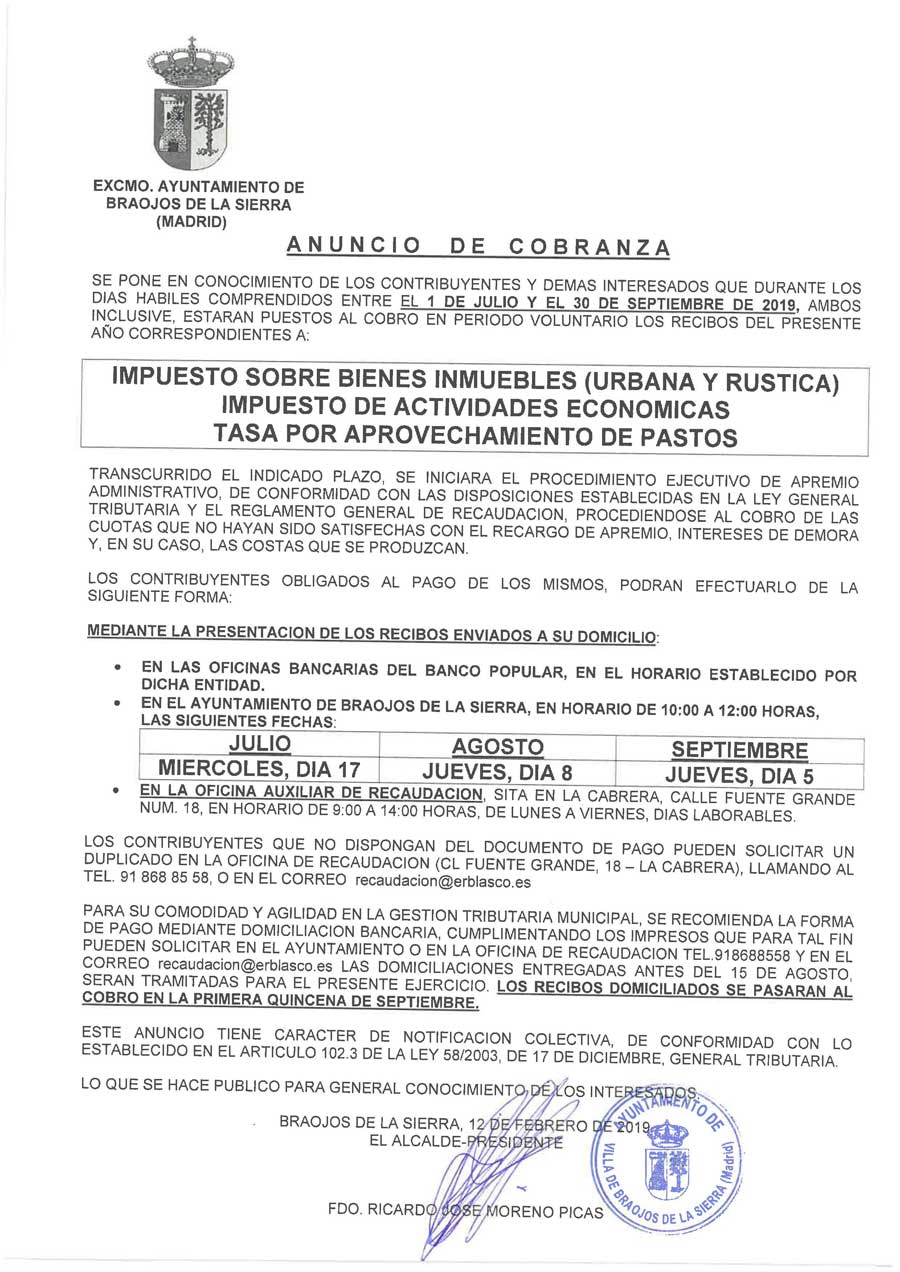 ANUNCIO COBRANZA IBI IAE Y PASTOS 2019