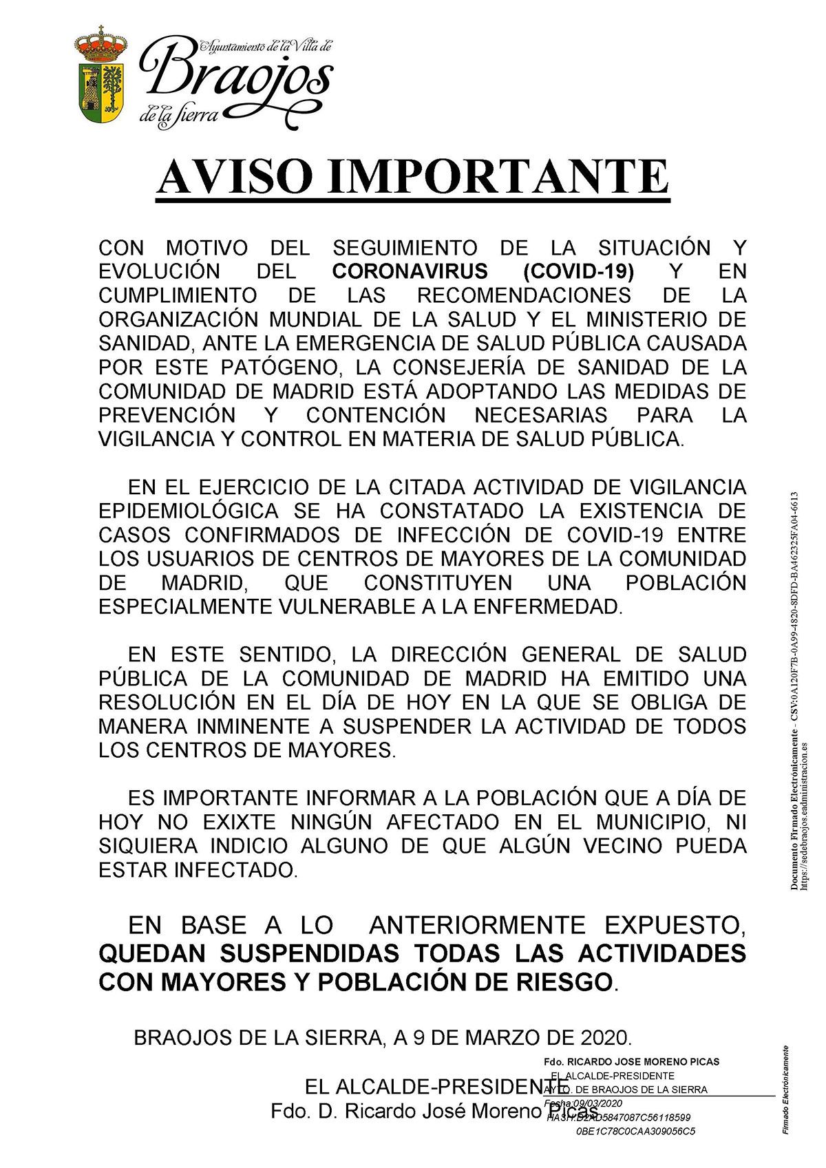 AVISO IMPORTANTE CORONAVIRUS