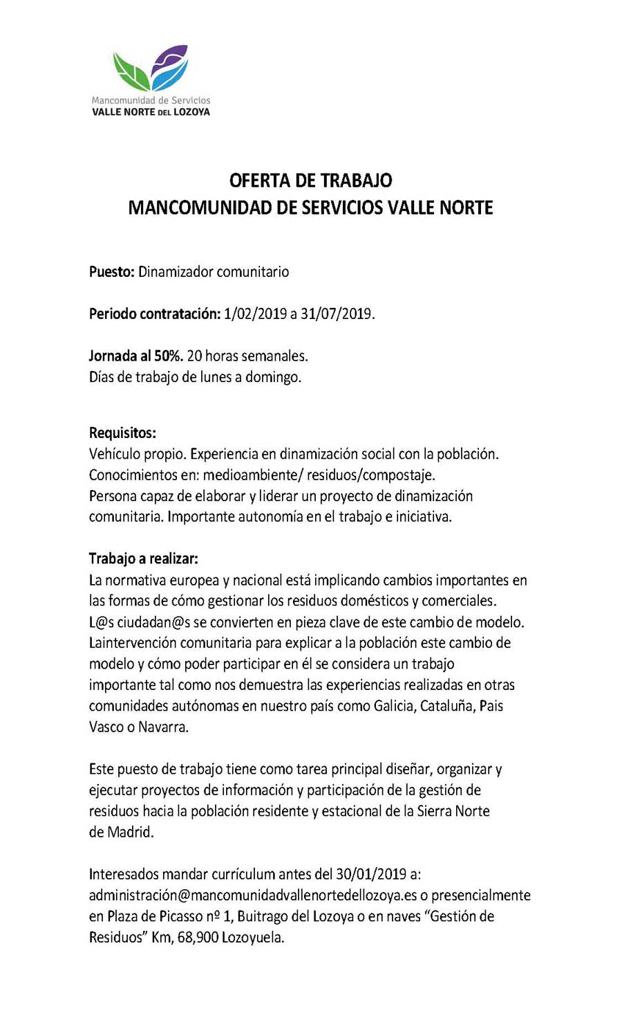 OFERTA trabajo Mancomunidad