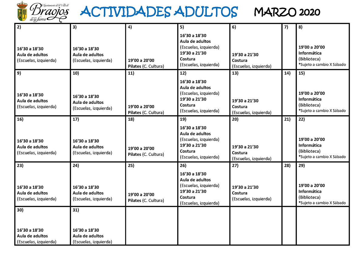 ACTIVIDADES ADULTOS Marzo 2020