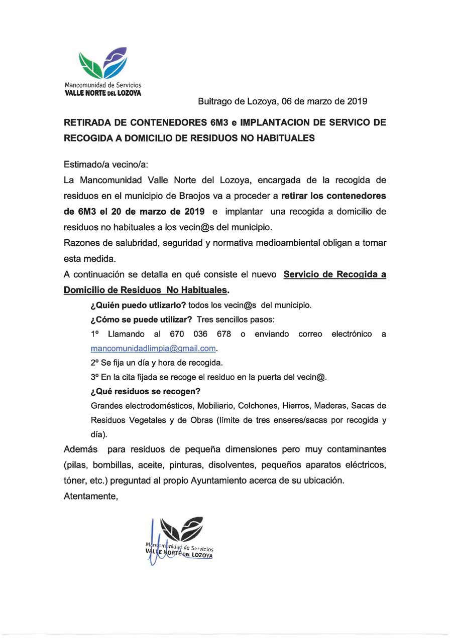 SERVICIO DE RECOGIDA A DOMICILIO BRAOJOS MANCOMUNIDAD VALLE NORTE